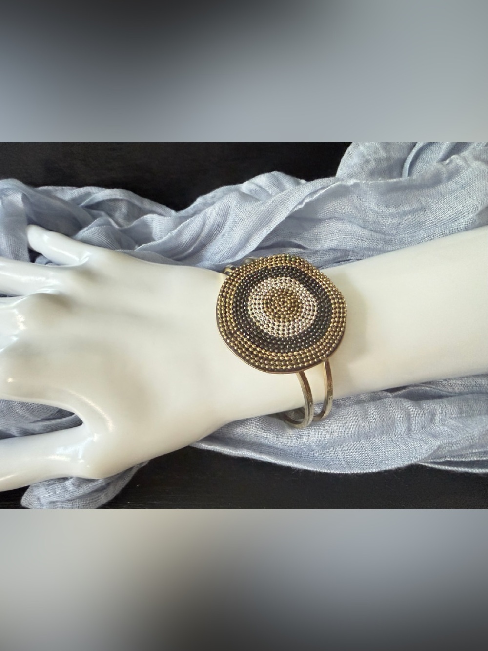Gold and Black Beaded Disc Hinge Cuff Bracelet